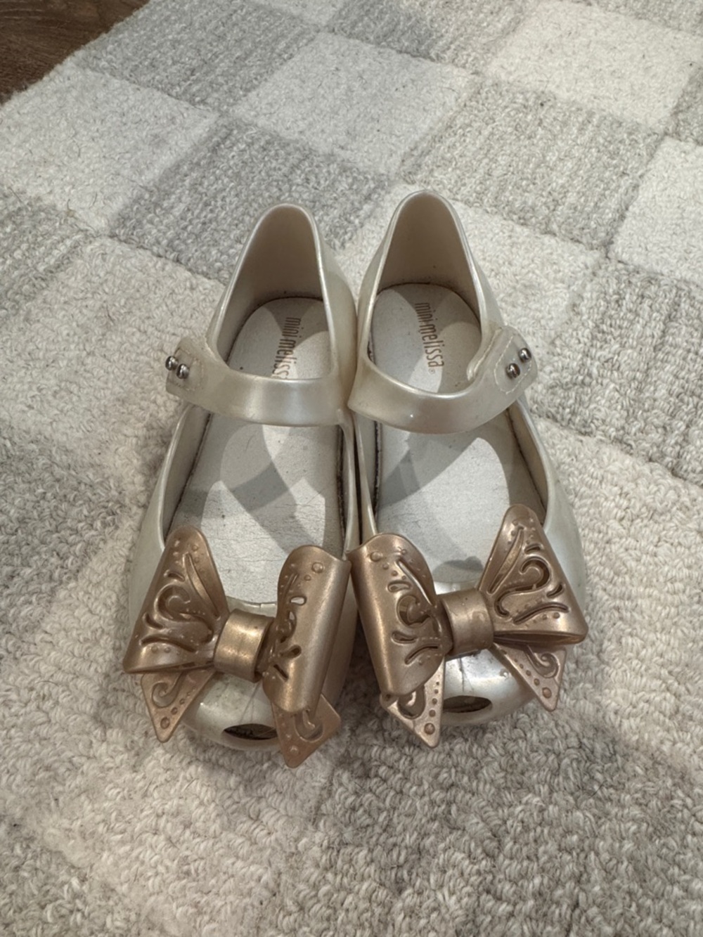 Mini Melissa Pearl White Mary Jane Shoes with Metallic Gold Bows